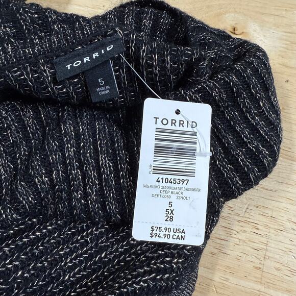 Torrid NWT Lurex Cable Pullover Cold Shoulder Turtle Neck Sweater Size 5X Black - Picture 8 of 13
